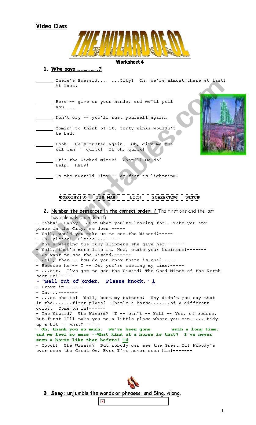 Video Class- The Wizard of Oz- Worksheet 4