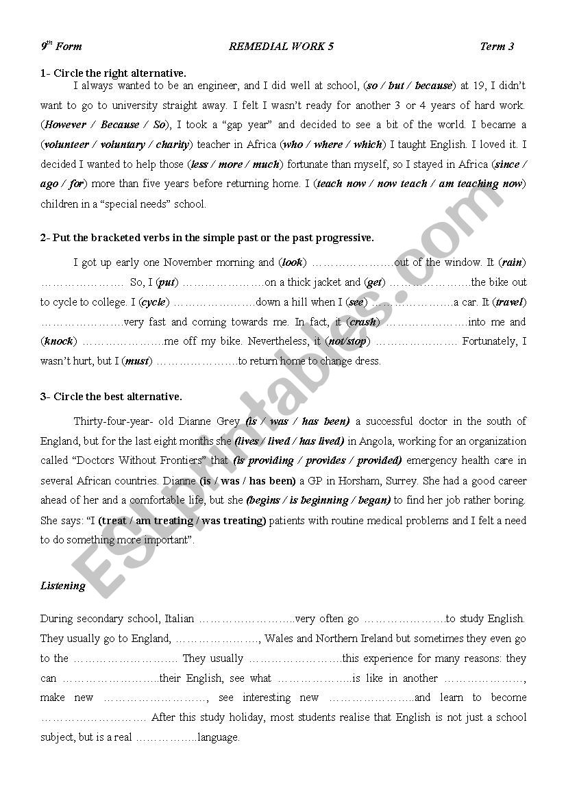 9TH Form Remedial Work worksheet