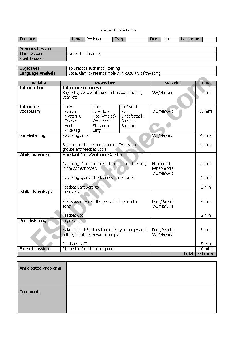 Song : Jessie J - Price Tag worksheet