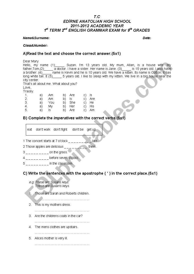 grammar exam for A2 level  worksheet