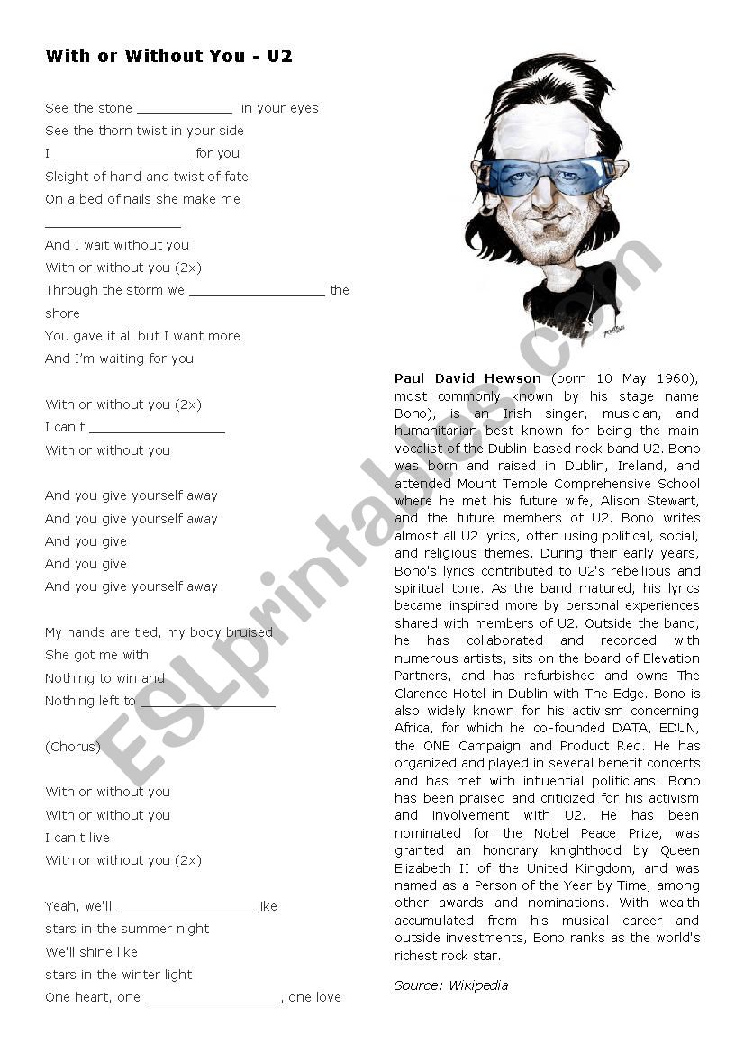 U2 - With or Without You worksheet