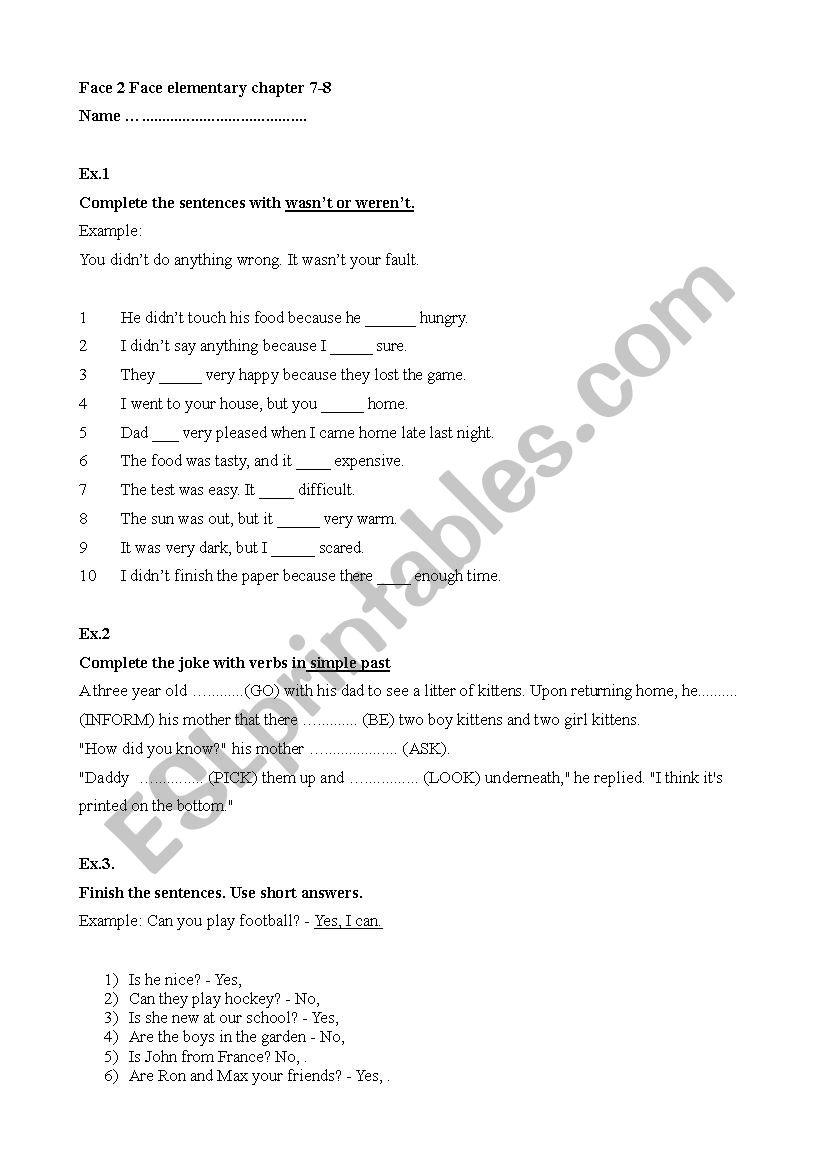 Face2face elementary chapter 7-8 test