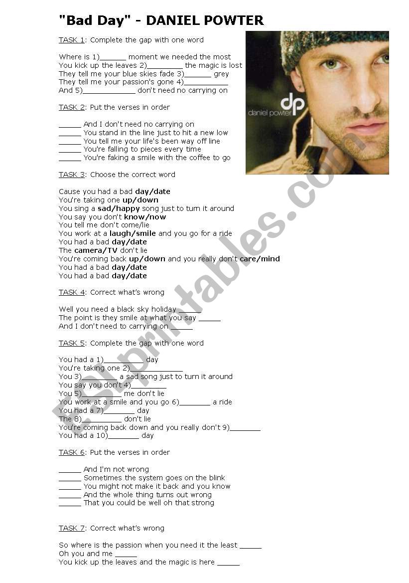 Song: Bad Day Daniel Powter worksheet