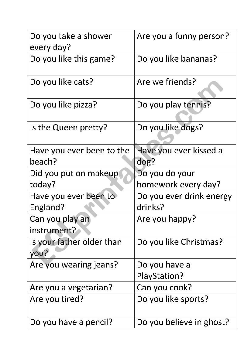 question game cards no yes worksheet