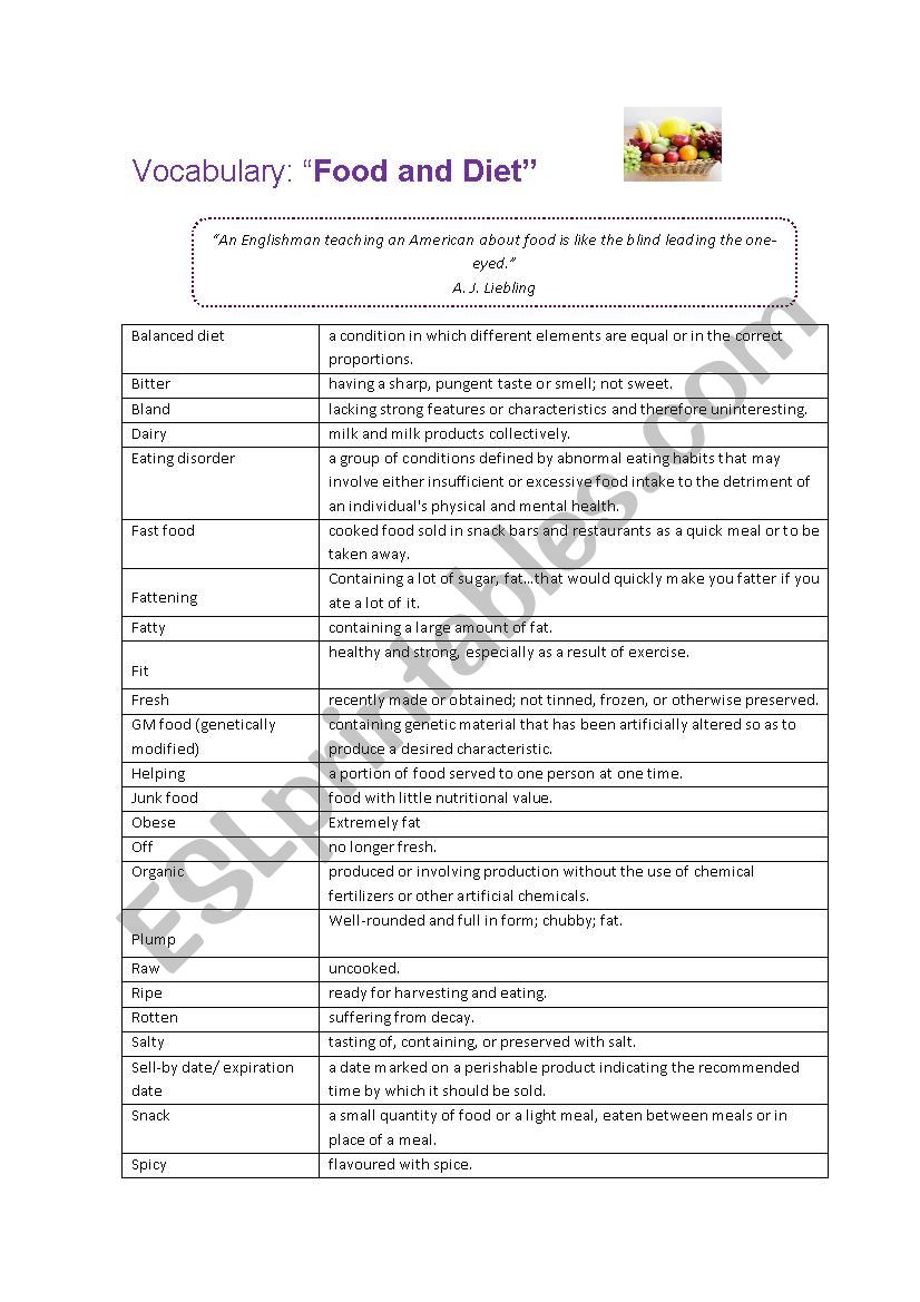 Vocabulary: Food and Diet worksheet