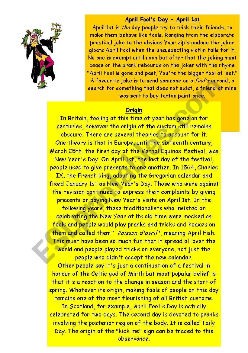 April Fools day worksheet