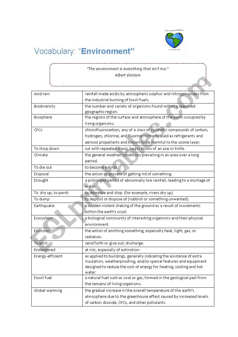 Vocabulary: Environment worksheet
