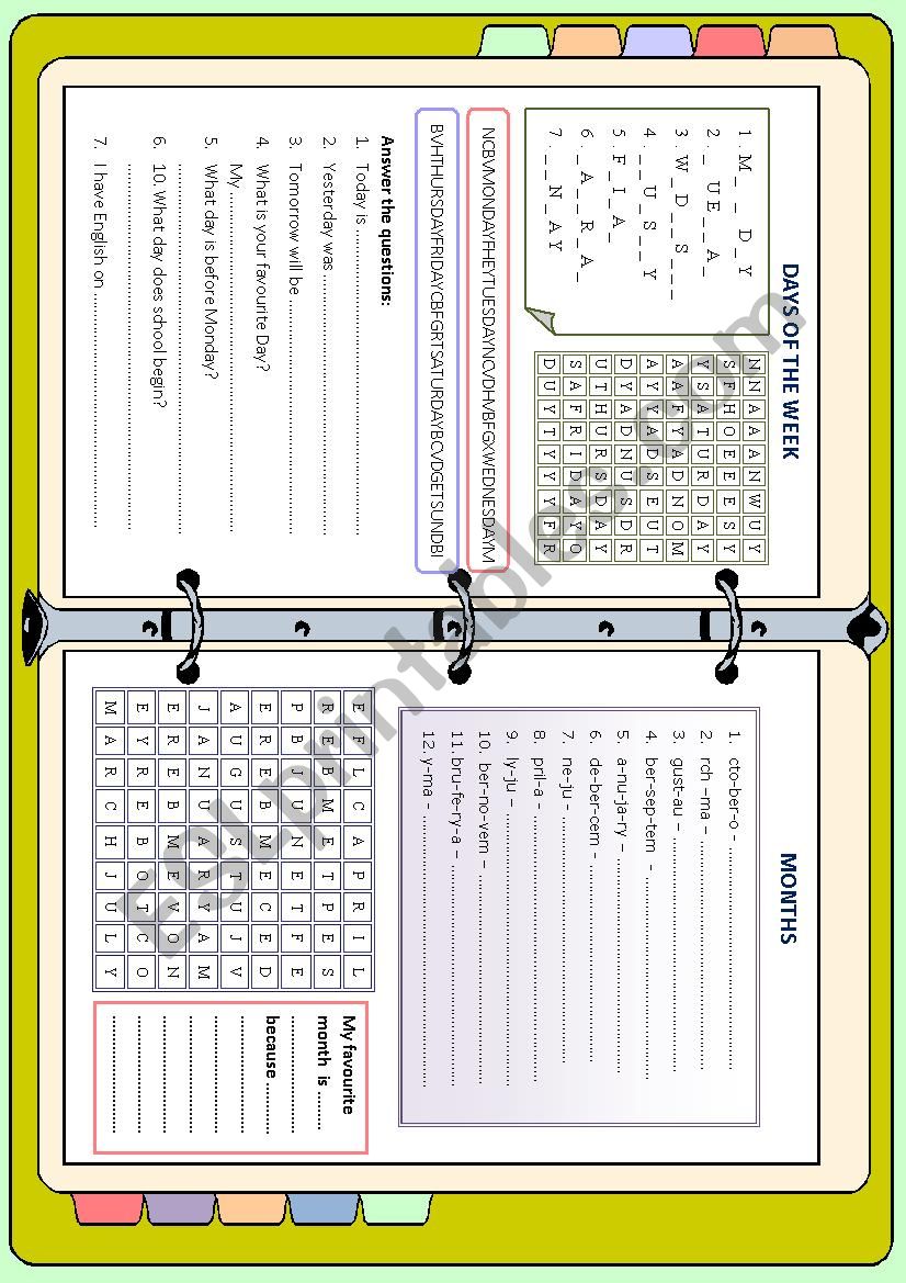 Days and months worksheet