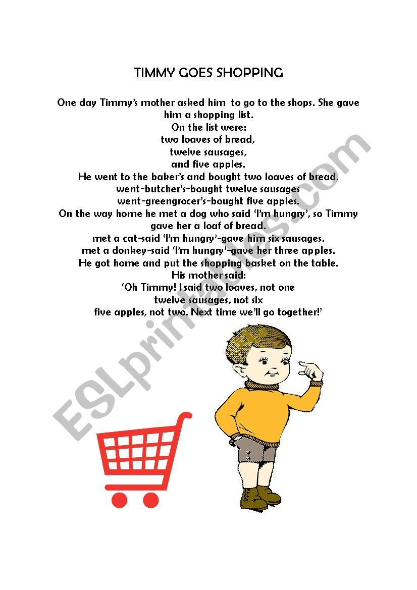 Timmy goes shopping worksheet