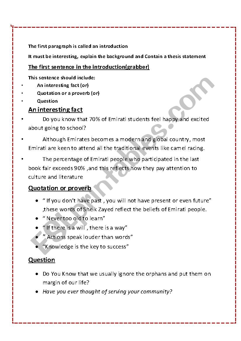 An essay introduction worksheet