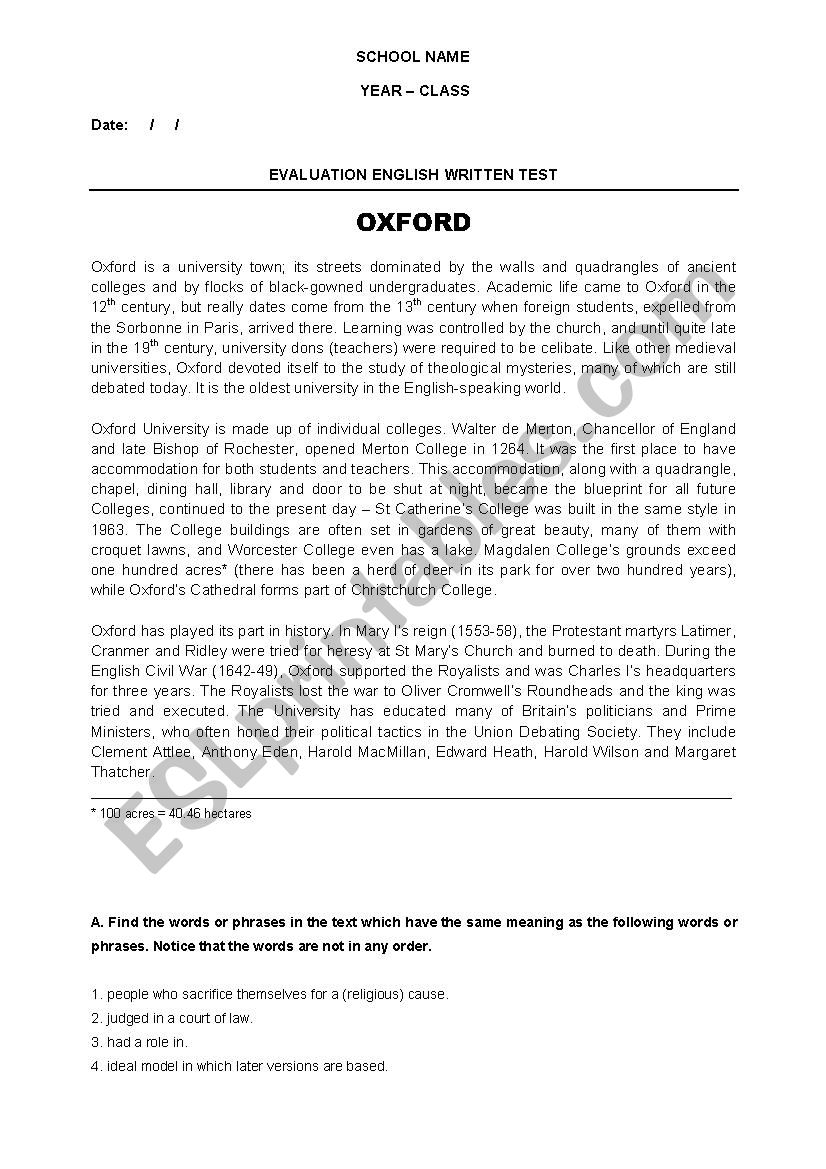 University of Oxford worksheet