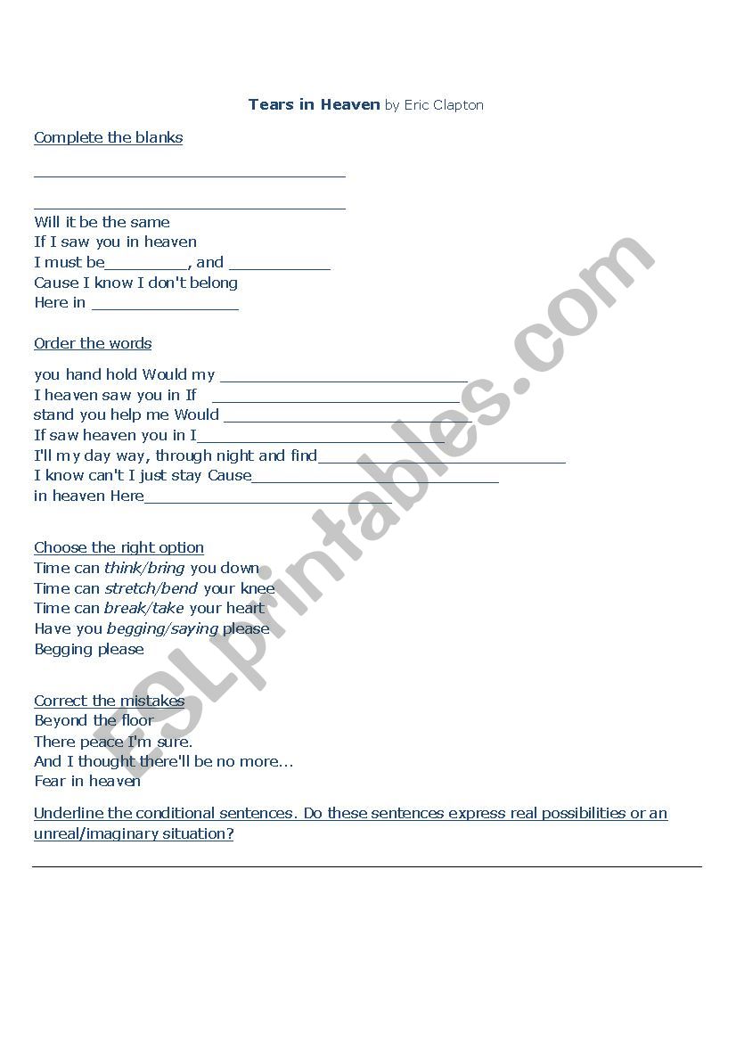 Tears in Heaven worksheet