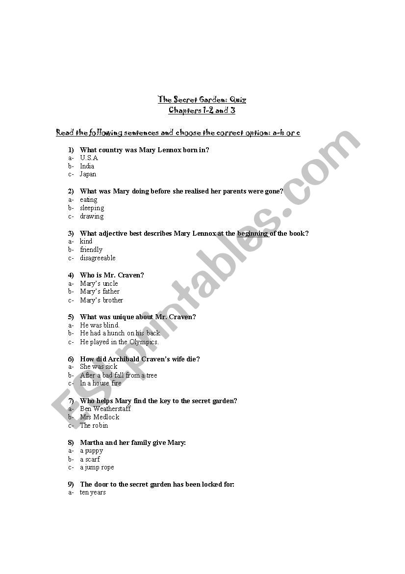 the secret garden quiz worksheet