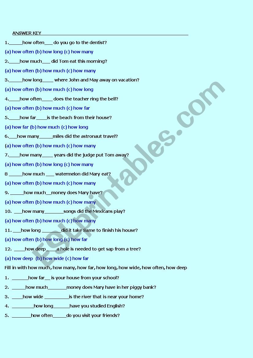 Questions How Much How Many How Often How Far How Long How Wide How Deep Esl Worksheet By Giovanni