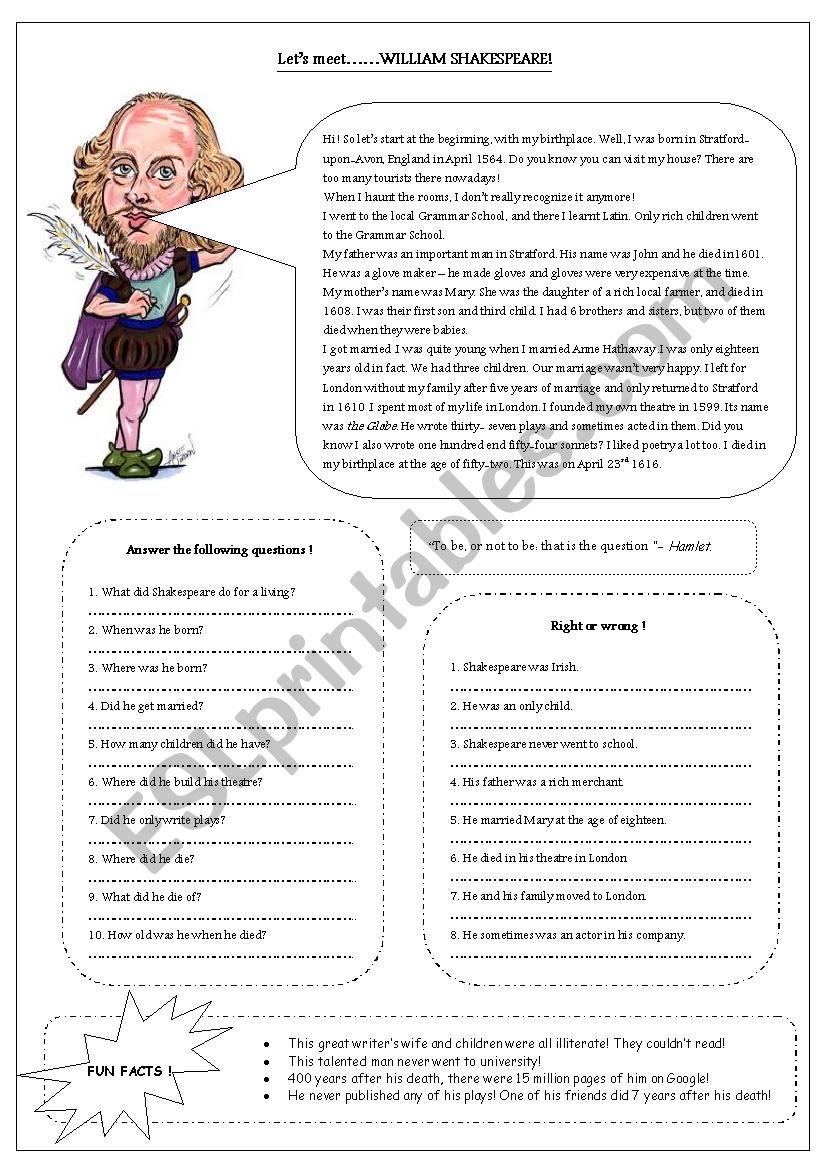 letÂ´s meet Shakespeare worksheet