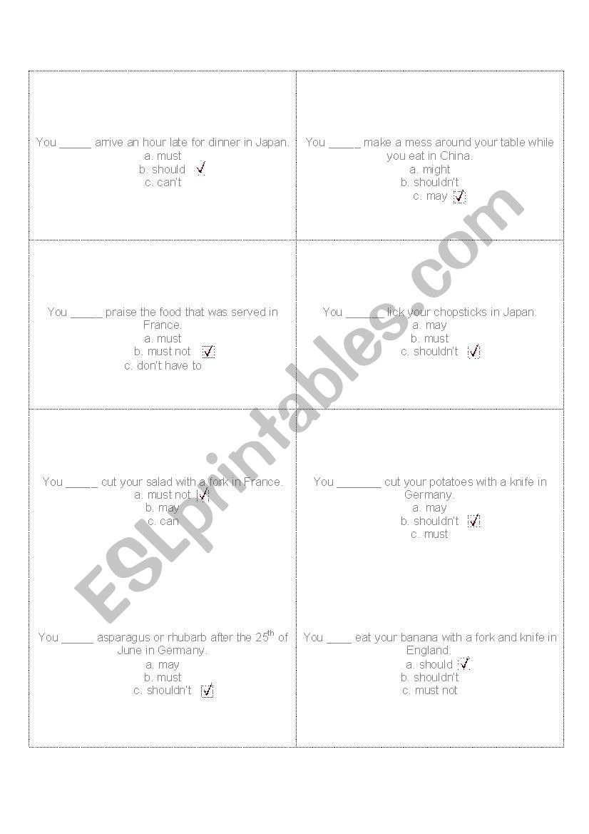 True or false game - modals worksheet