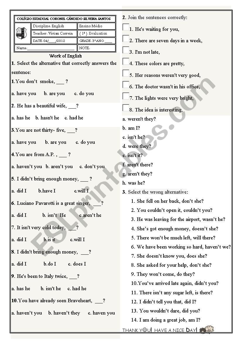 Tag Question worksheet