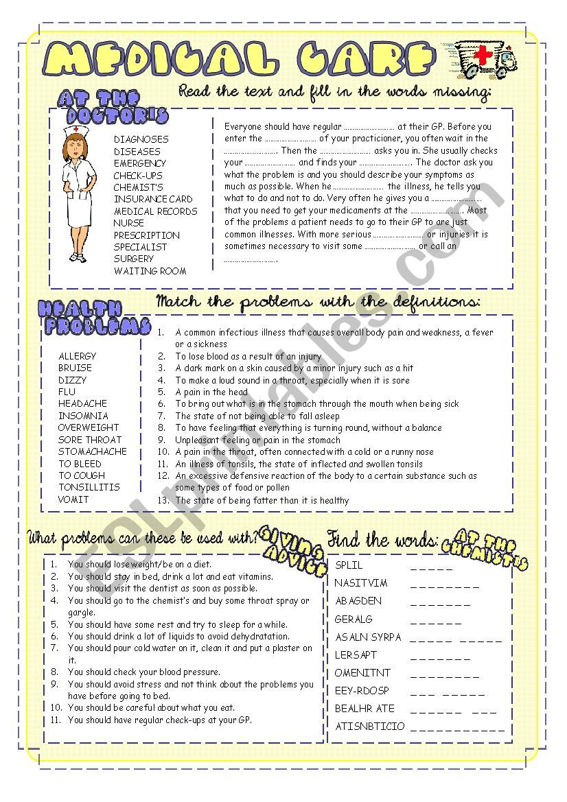 Medical Care worksheet