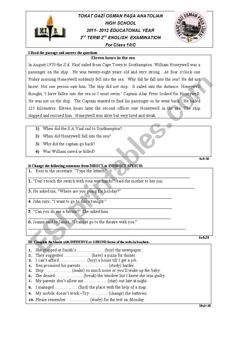 ANATOLIAN HIGH SCHOOL 2011- 2012 EDUCATONAL YEAR 2nd TERM 2nd ENGLISH  EXAMINATION For Class 10 