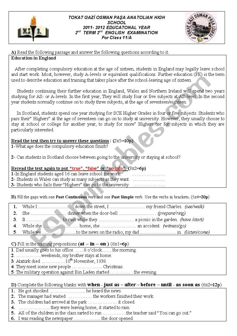 ANATOLIAN HIGH SCHOOL 2011- 2012 EDUCATONAL YEAR 2nd  TERM 2nd  ENGLISH  EXAMINATION For Class 11 