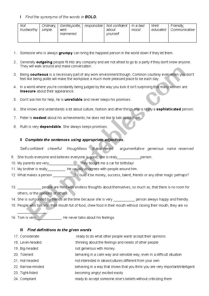 personality adjectives worksheet