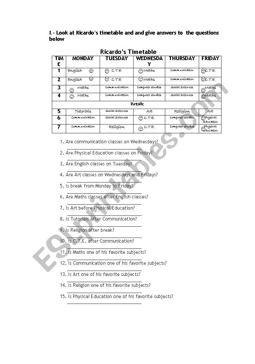 Ricardos timetable worksheet