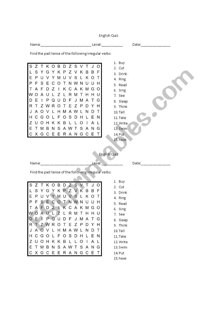 Irregular verbs quiz worksheet