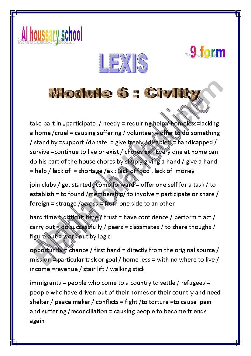 lexis of module 6  civility  9th form