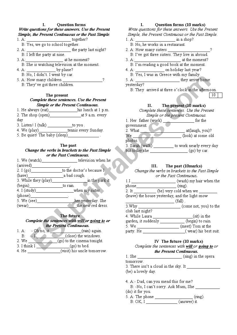a test for different tenses worksheet