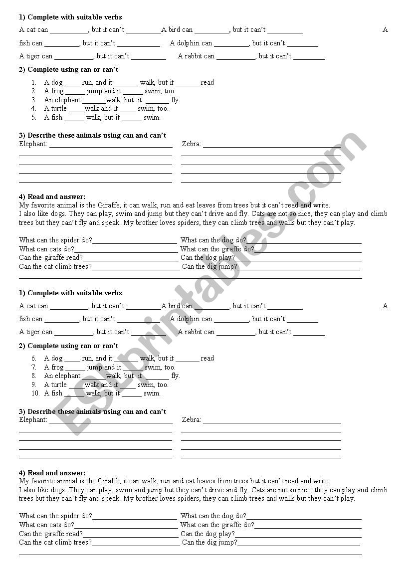 Test animals can canÂ´t worksheet