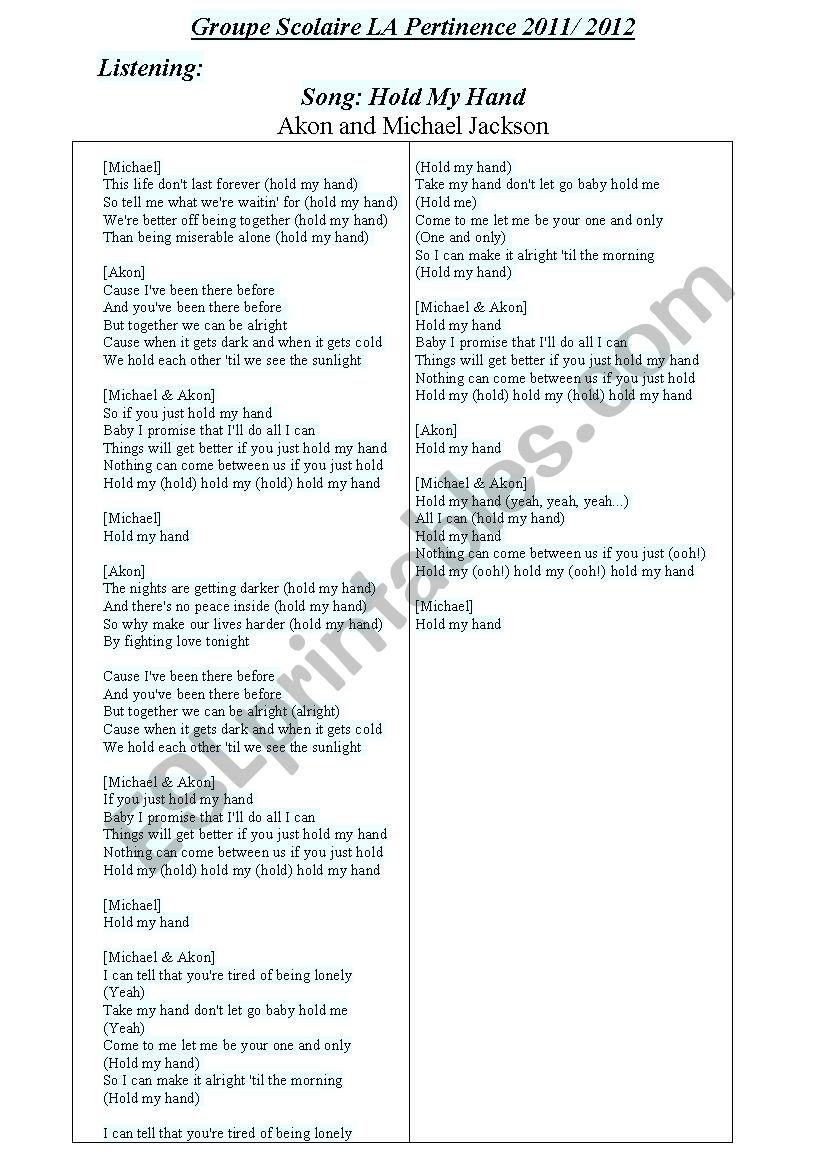 hold my hand lyrics worksheet