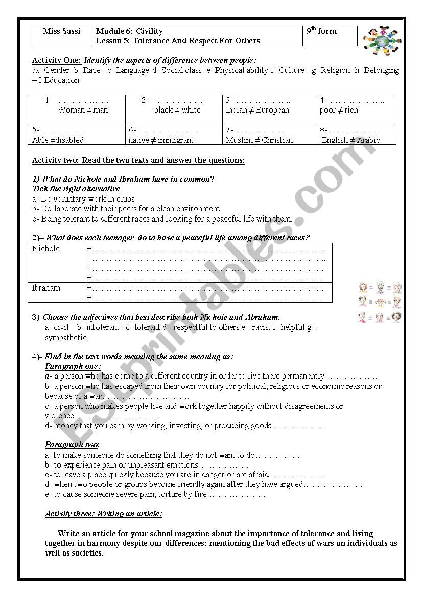 Lesson 5: Tolerance and Respect for others