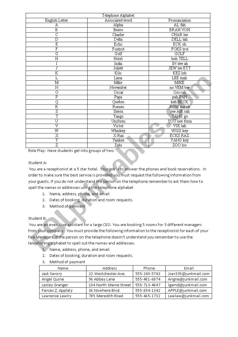 Telephone Alphabet Roleplay worksheet