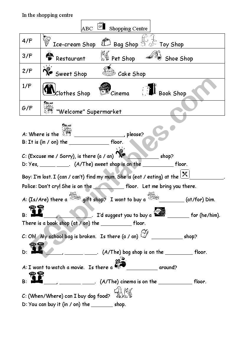 Shopping Centre worksheet