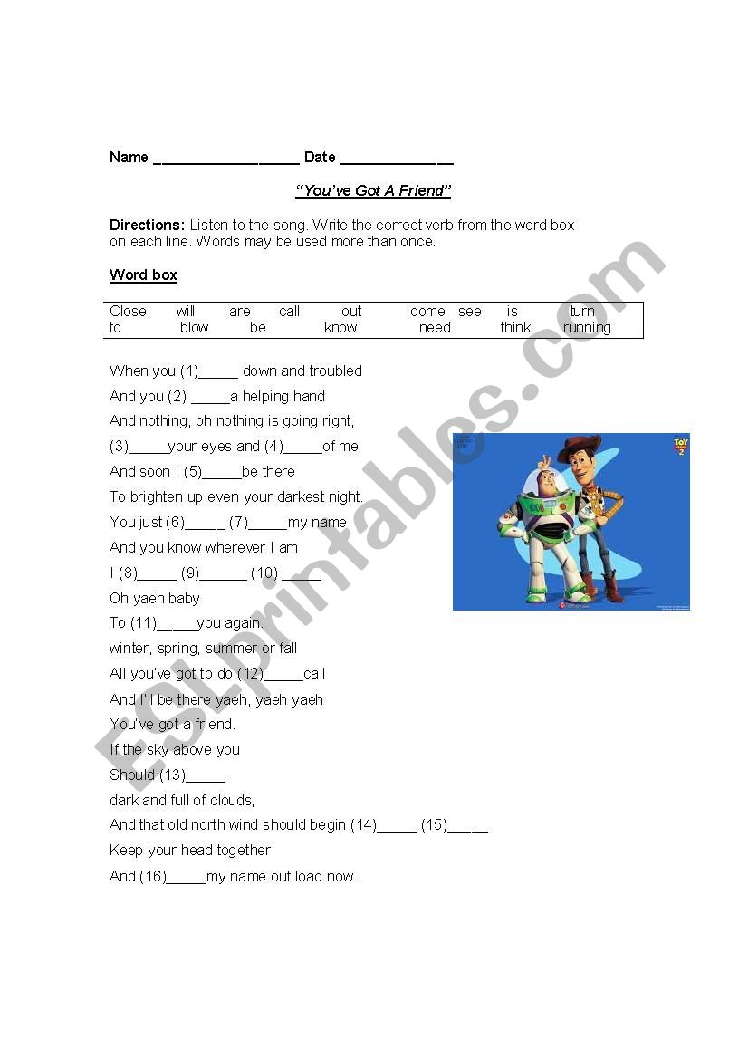 toy story worksheet