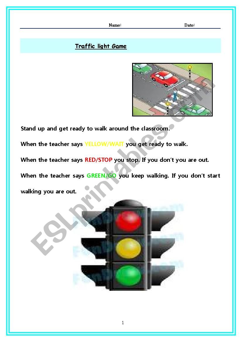 Traffic light game worksheet