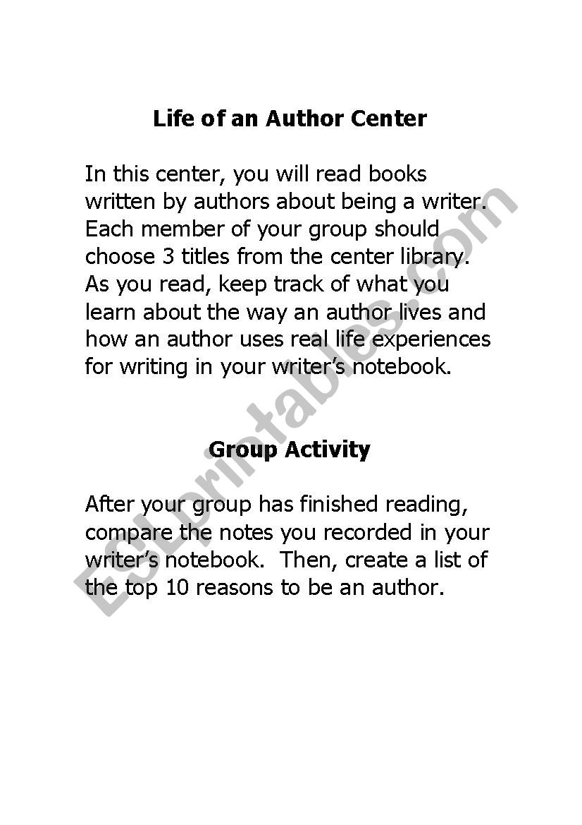 Author Study Center worksheet