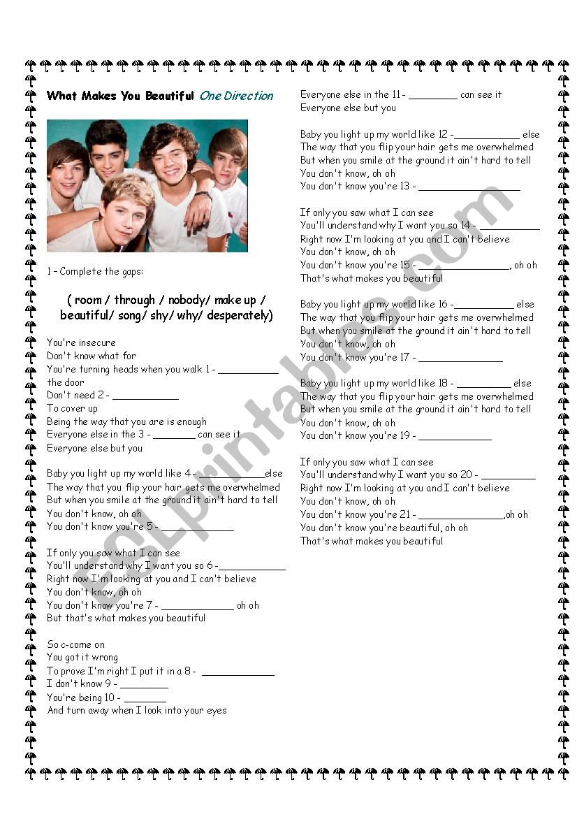 What makes you beautiful worksheet