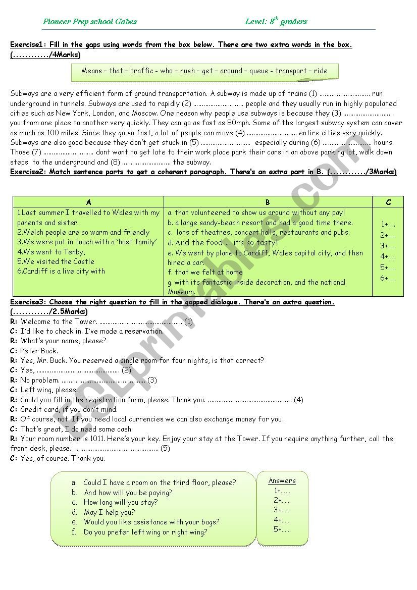  8th form (Tunisian schools) Pioneer Mid-Term Test N 3 