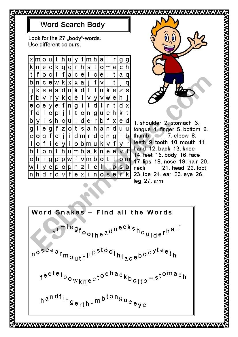 Our body word search worksheet