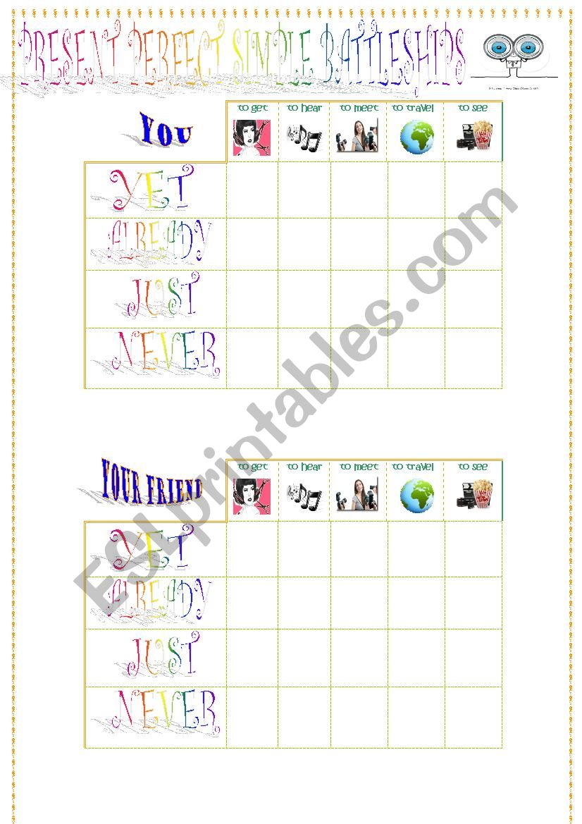 present perfect battleships worksheet