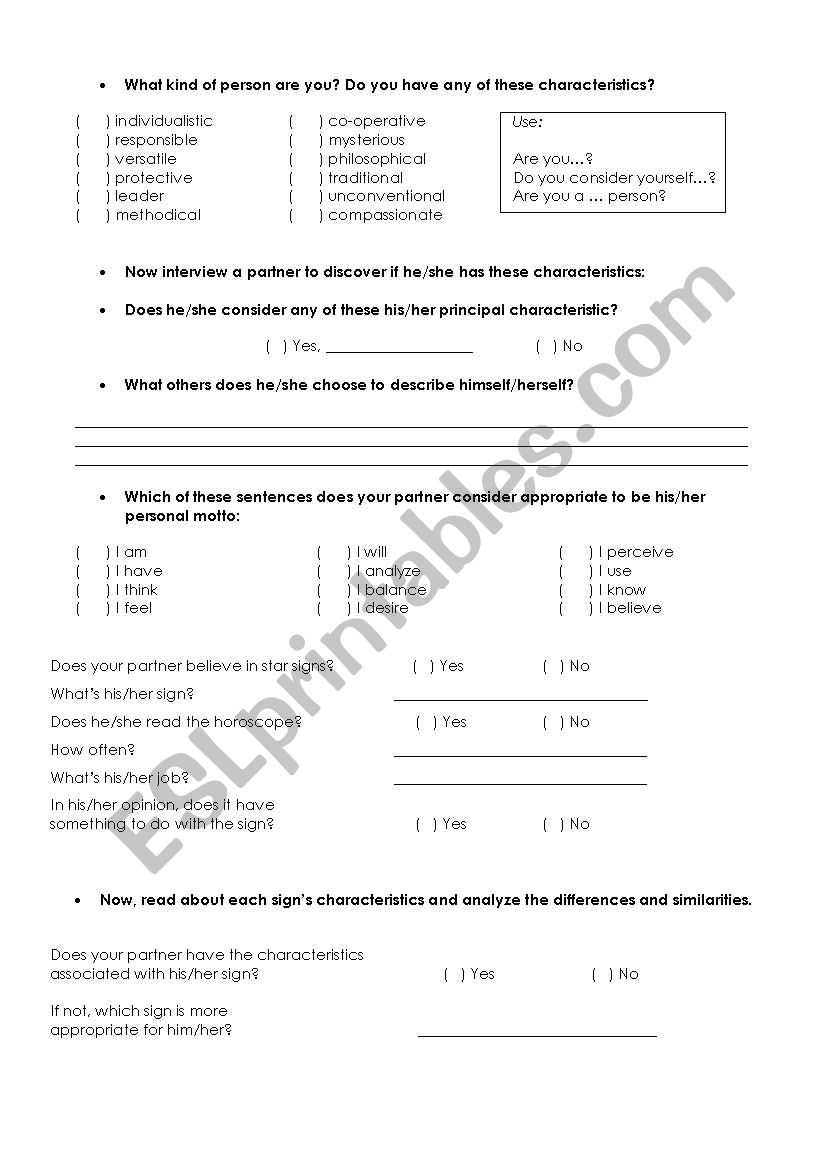 Star signs worksheet