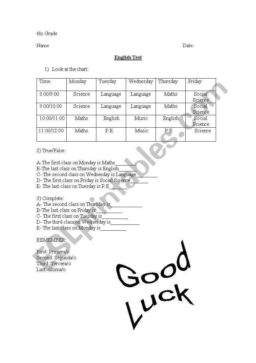 subjects,colours and numbers worksheet