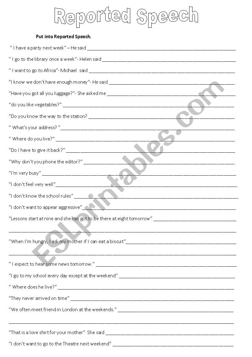 reported speech exercises present tense pdf