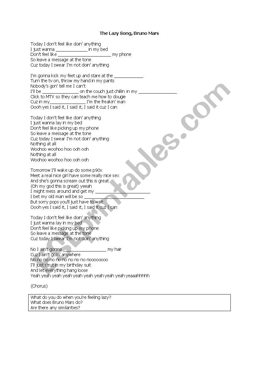 The Lazy Song by Bruno Mars worksheet