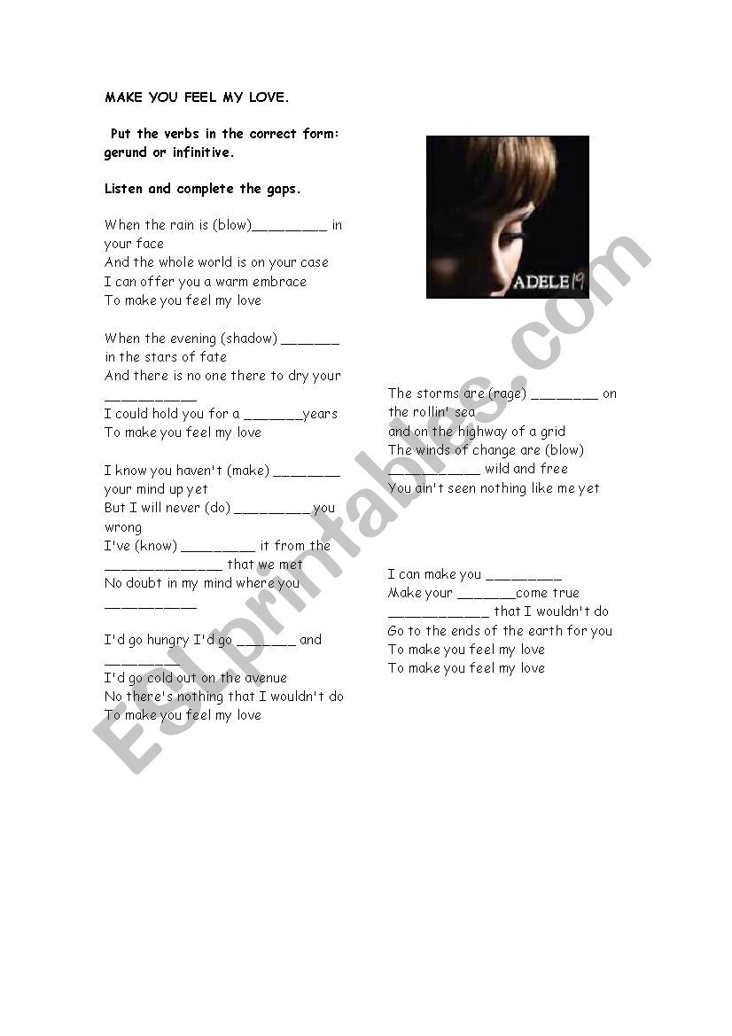 Adele - Make You Feel My Love - ESL worksheet by estevao