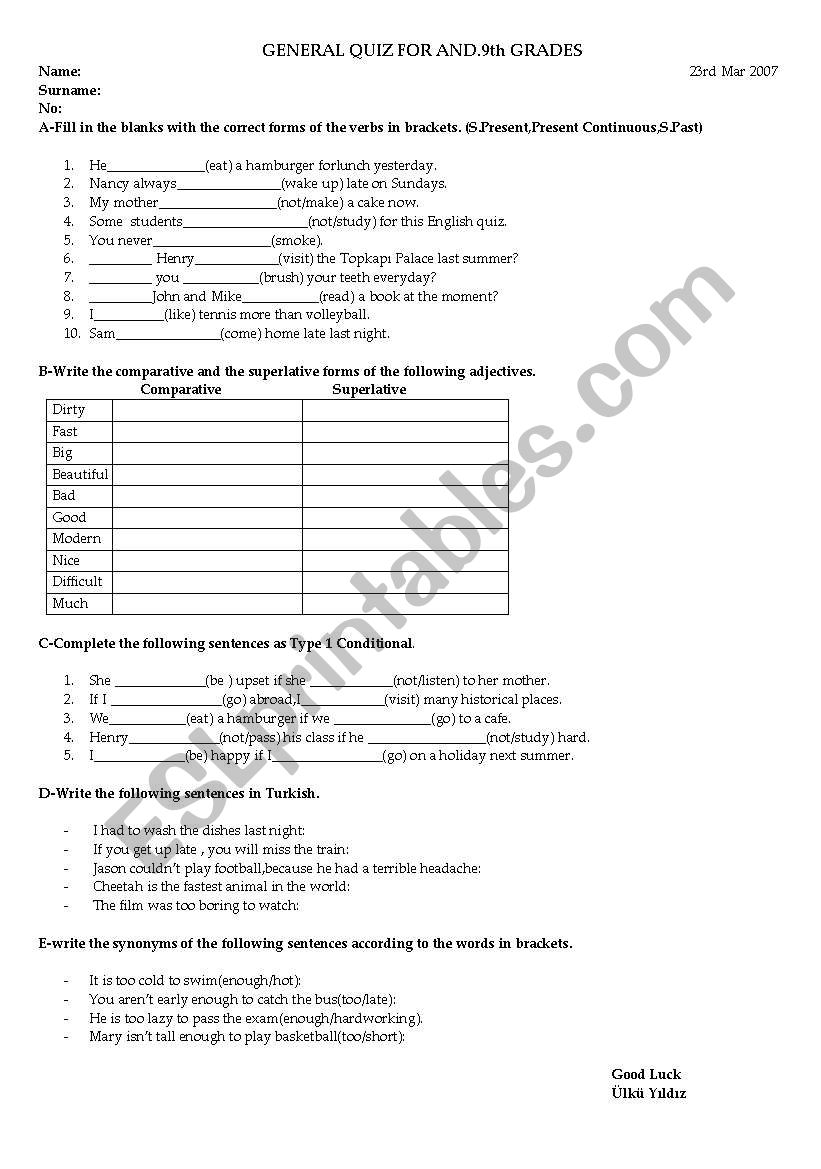 Quiz worksheet
