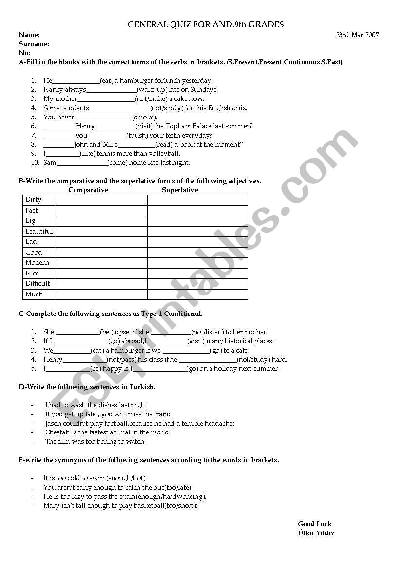 Quiz worksheet