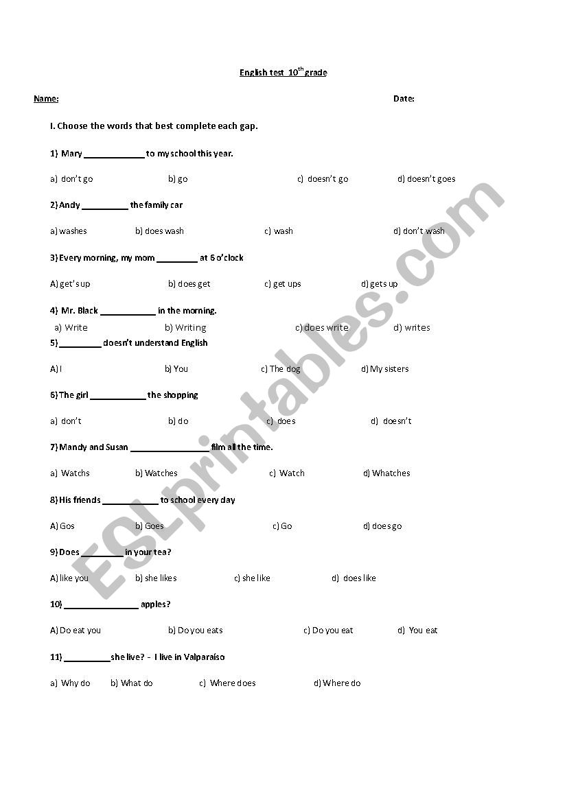 Simple Present Multiple Choices Tests