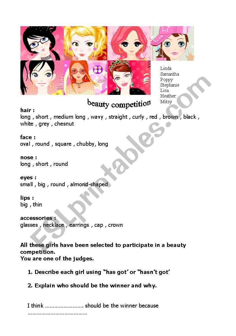 beauty competition worksheet